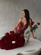 Royal Berry Serisi: Bordo Asimetrik Nakışlı Dantel Body Suit 🍷✨ 122